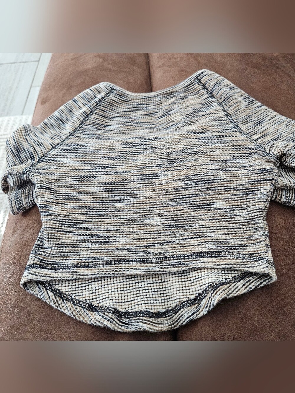 Urban Outfitters Ribbed Notched Crop Top Marled Beige Black Small Petite - Picture 12 of 16